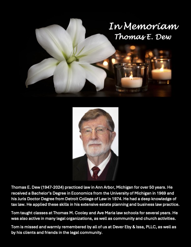 Memorial image of Thomas E. Dew with a white lily, "In Memoriam Thomas E. Dew" text, and a black background with his life summary on the right.
